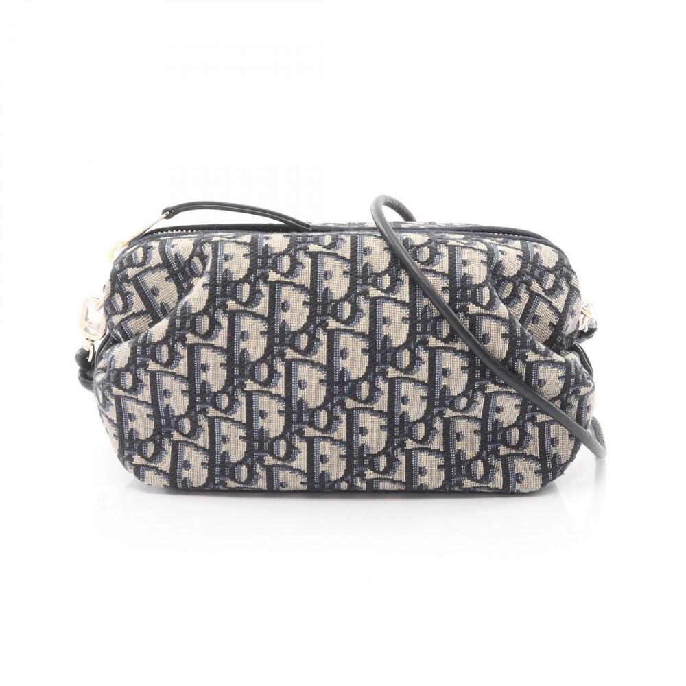 Christian Dior Bow Oblique Shoulder Bag Canvas Leather Navy Blue Beige